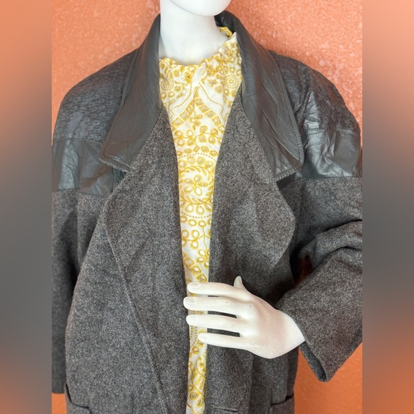 David Bengamin Vintage Wool Leather Black Long Trench Coat Shoulder Pads Size 7 - Picture 15 of 17